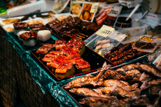 Different kinds of seafood on sale at the Kuromon Ichiba market in Osaka, Japan.