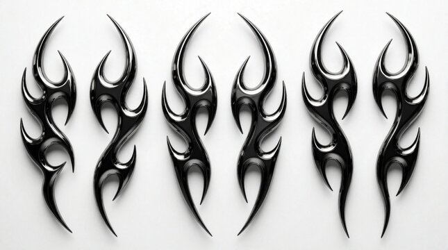 Set of black chrome tribal flame tattoo designs. Sharp curved elements form ornamental shapes on white background. Collection of monochrome abstract patterns with dynamic motion. Stylized ethnic