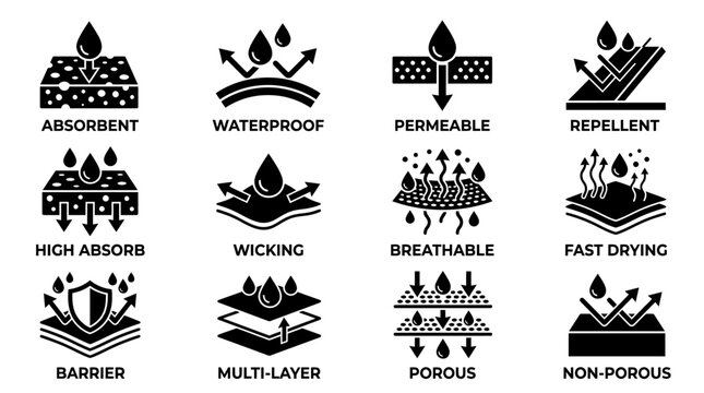 Set of black fabric property icons showing absorbent waterproof breathable and moisture wicking material characteristics