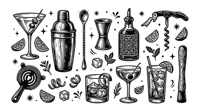 Set of hand drawn cocktail bar tools and drink glasses with ice cubes and lime slices in vintage sketch style