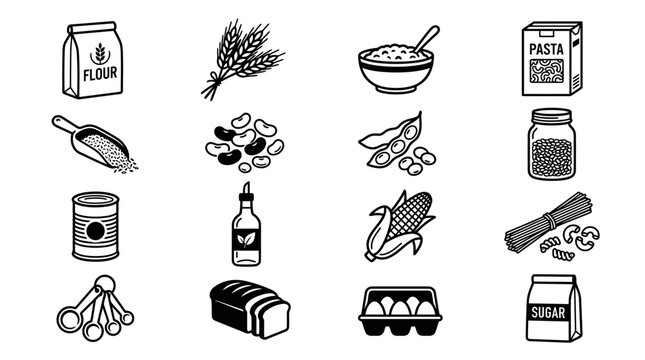 Set of black and white hand drawn food icons featuring pantry staples grain flour pasta bread and kitchen ingredients
