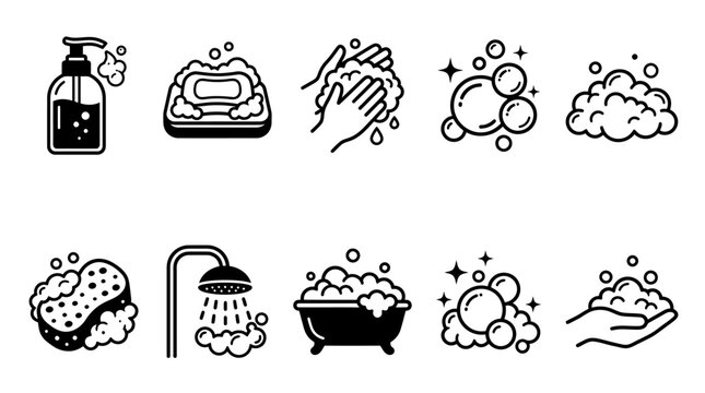 Set of black hygiene and cleaning icons showing soap bubbles washing hands shower bathtub and liquid soap dispenser