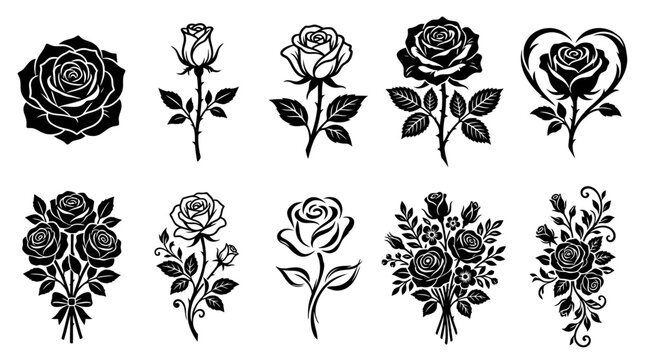 Set of black rose flower icons and floral bouquets for wedding invitation design and elegant romantic greeting cards