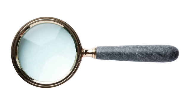 Antique brass framed magnifying glass with dark grey marble handle, isolated on transparent background
