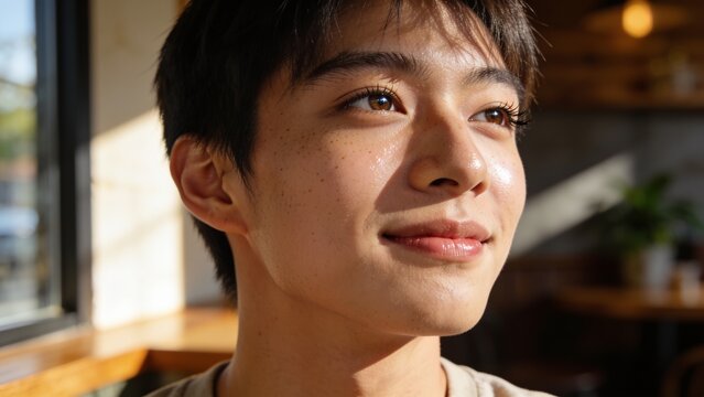 Man with short dark hair and freckles looking upward near window in cafe, AI-generated