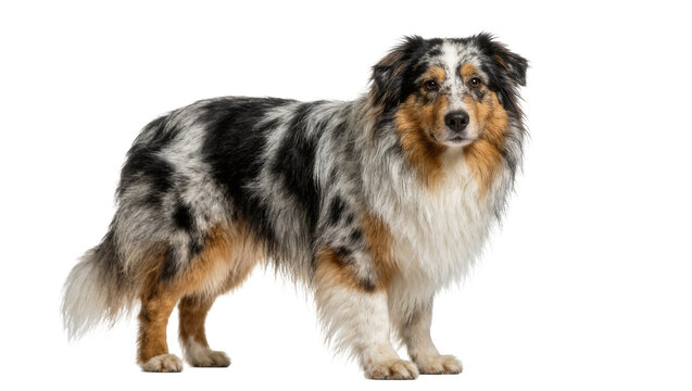 Blue merle Australian Shepherd dog standing, isolated on transparent background