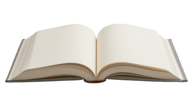 Thick open book with blank cream pages, isolated on transparent background
