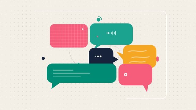 Colorful chat bubbles animation appearing on a light background.