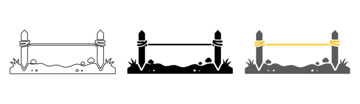Two Survey Stakes Connected by String for Construction Boundary Marking,  Icon Set in Black, Gray and Yellow