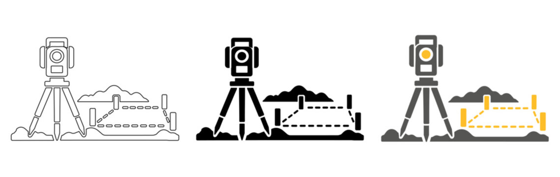 Surveying Equipment Measuring Construction Ground for Site Layout Planning, Icon Set in Black, Gray and Yellow