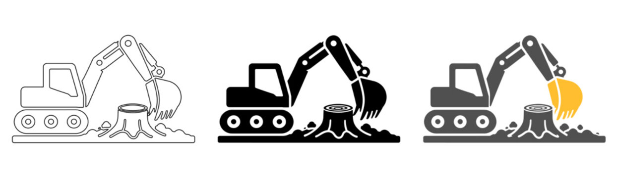 Excavator Removing a Tree Stump for Construction Site Clearing, Icon Set in Black, Gray and Yellow