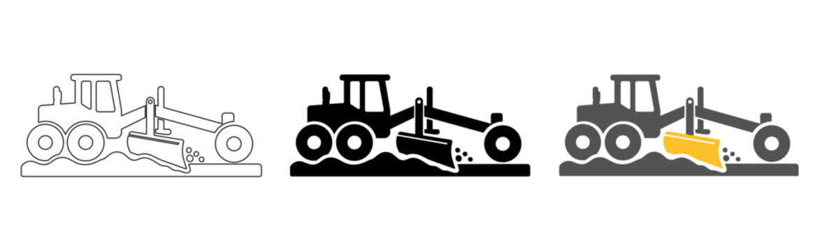 Bulldozer Pushing Vegetation Away from a Plot for Site Clearing, Icon Set in Black, Gray and Yellow