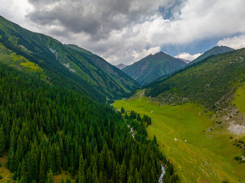 Aerial View of Mountain Valley Landscape in Kyrgyzstan