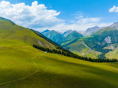 Aerial View of Green Mountain Landscape with Tents in Kyrgyzstan