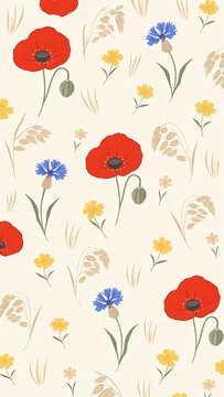 A Meadow With No Fence Kids Seamless Pattern Of Poppies, Cornflowers, Wild Grasses And Buttercups In Poppy Red, Cornflower Blue And Soft Wheat, Hand Drawn Vector Tile (1)