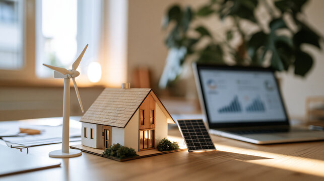 Miniature modern eco house beside a small white wind turbine