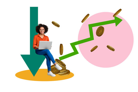 Creative photo poster trend art collage image of happy american girl hold laptop arrow up down earnings coin profit capital freelance