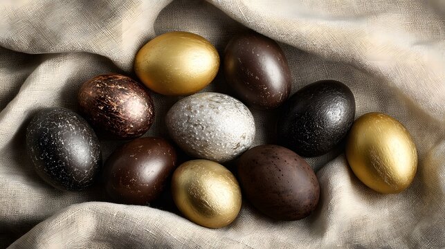 Metallic decorative eggs arranged on textured linen for an elegant seasonal still life