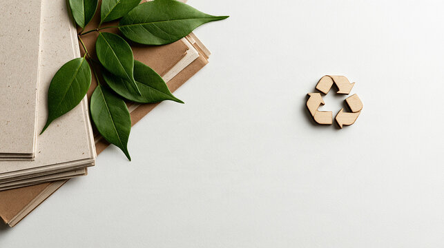 Top-down still life with fresh green leaves and recycled paper audit