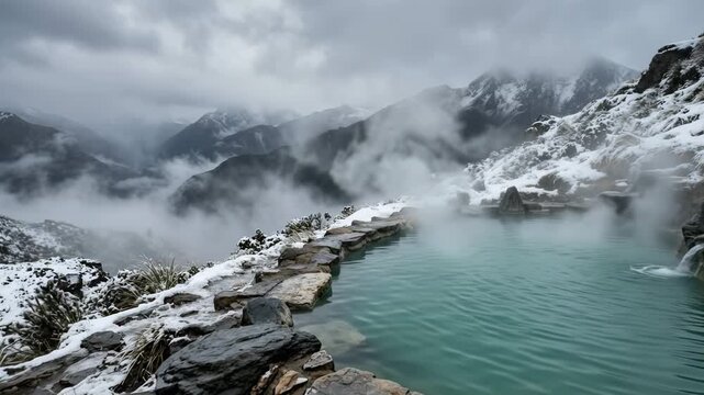 High angle establishing shot showcasing a steaming hot spring nestled amidst snow-covered mountains under an overcast gray sky.