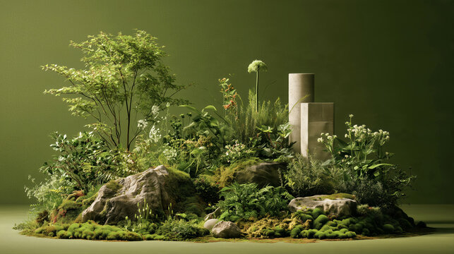 Lush miniature island of trees rocks and moss floats on vivid green in a nature concept for environmental branding.