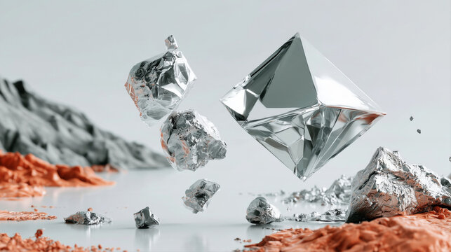 Shattered crystal geometric fragments scatter across warm desert ground in premium abstract design for branding and advertising.