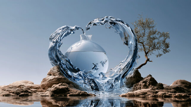 Heart shaped splash of clear water frames a lone tree and rocks beneath blue sky in a symbolic nature concept.