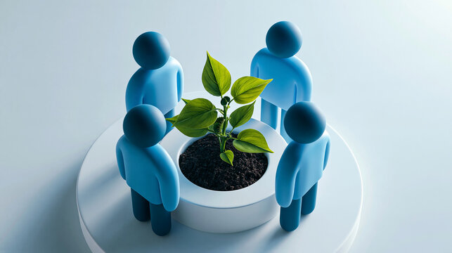 Four simplified faceless blue 3D human figures