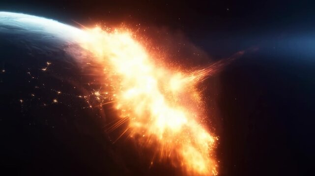 Asteroid strikes a planet in outer space, triggering a fiery atmospheric explosion. Science education, astronomy documentaries, and planetary defense presentations.
