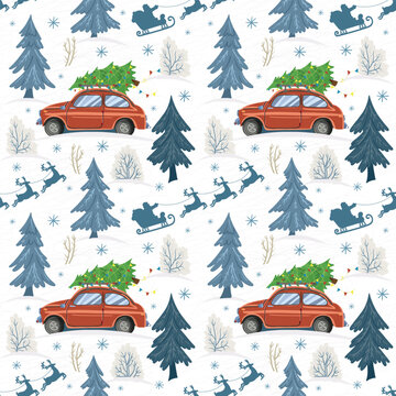 Christmas seamless pattern with red cars carrying Christmas trees, snowy pine forest and Santa Claus with reindeer.  decor.