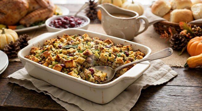 Thanksgiving stuffing in a baking dish beside turkey and gravy. Food presentation and shared dining