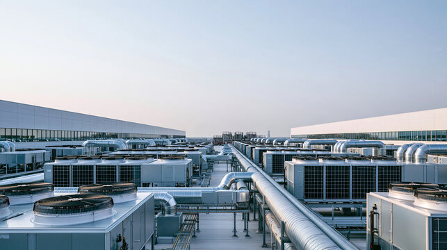 Elevated view of modern rooftop ventilation equipment