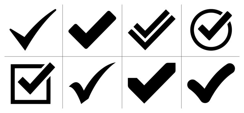 Check mark silhouettes set with various tick designs, confirmed and accepted symbols for approval or success