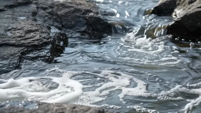Macro close-up static shot: Crystal clear water flows gently over dark, textured rock surfaces creating soft ripples.