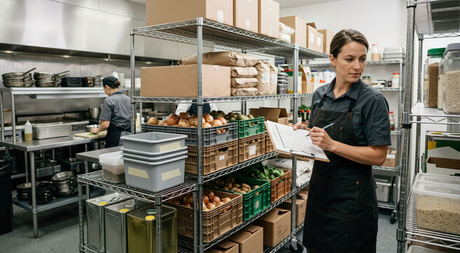 Restaurant worker checking food inventory on kitchen storage shelves. Stock inventory and supply management