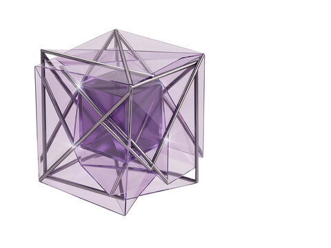 A complex geometric structure featuring a solid purple cube encased within a translucent violet shell and a metallic wireframe cage, 3D render isolated on a transparent background