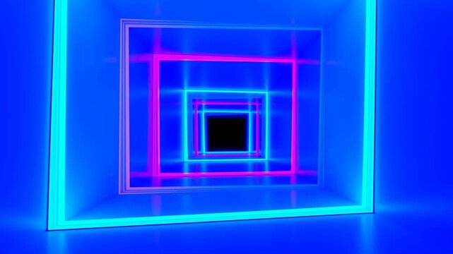 Neon geometric frames recede through an abstract digital tunnel toward a dark center. Technology presentations, concert screen, and music event.