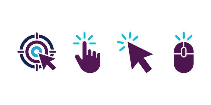 Set of four computer mouse and cursor icons including target, pointing finger, arrow pointer, and scroll wheel mouse