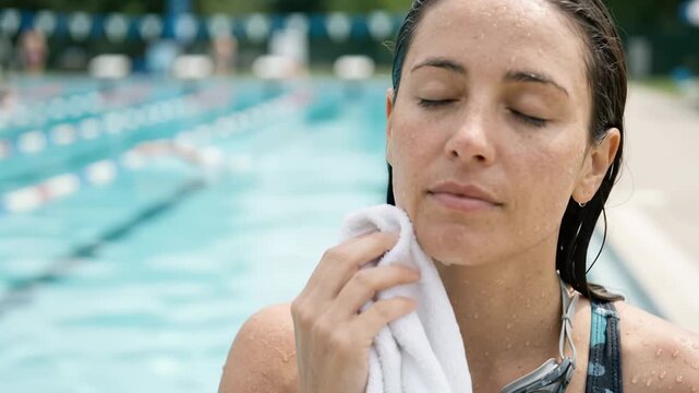 Close up shot of a young female swimmer wiping her wet face with a white towel by the pool.
