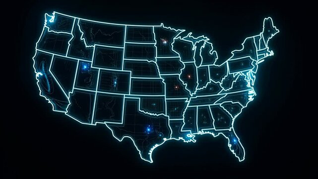 Glowing state map with pulsing location markers in a dark digital space. Geographic data presentations, telecommunications coverage graphics, and location analytics explainers.