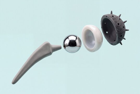 Artificial hip joint prosthesis parts floating on light blue background for orthopedic surgery concept