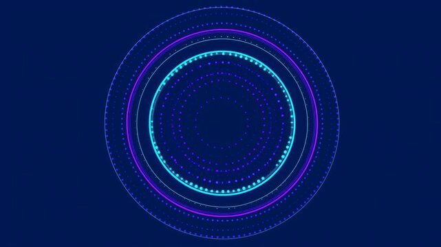 Glowing concentric rings and dotted patterns animate in a dark blue digital background. Technology presentation, digital title sequence, and cybersecurity media.
