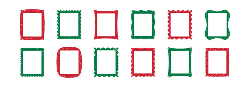Christmas frame crayon, kid chalk text box hand drawn. Red and green holiday border. Child wave pastel vintage mirror, rough undulate pattern. Charcoal doodle isolated on white bg. Vector illustration