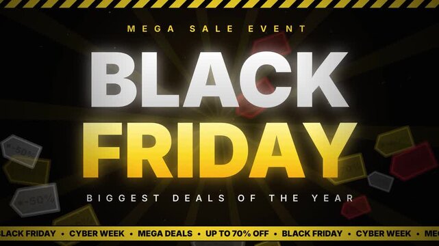 Black Friday mega sale event banner, luxury gold gradient typography graphic animation, promotional video for big sales deals