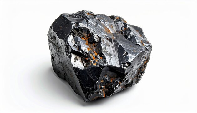 Meteorite specimen with a rugged dark metallic surface, pure white background.