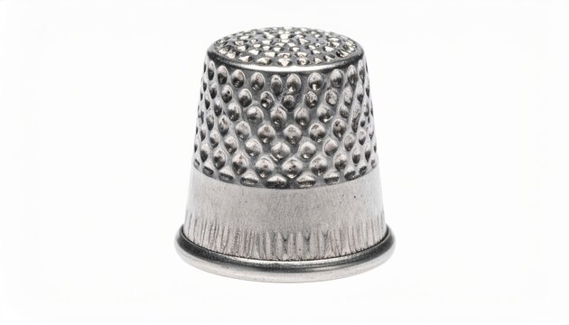 Small metal sewing thimble with a dimpled surface, isolated on white background.