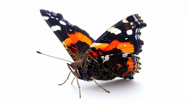 Macro photograph of a red admiral butterfly with detailed wing patterns, pure white background.