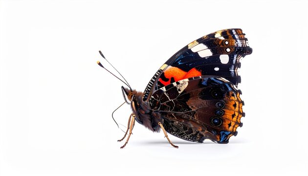 Macro photograph of a red admiral butterfly with detailed wing patterns, pure white background.