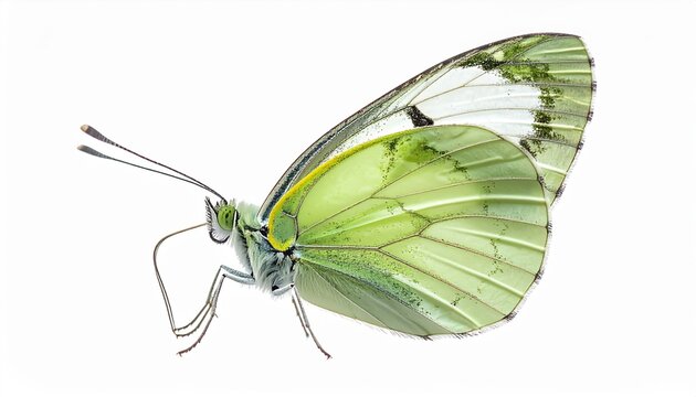 Macro photograph of a lime butterfly with delicate greenish wings, isolated on pure white background.