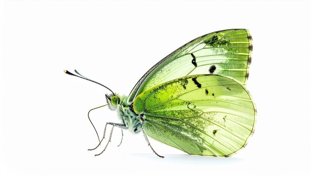 Macro photograph of a lime butterfly with delicate greenish wings, isolated on pure white background.